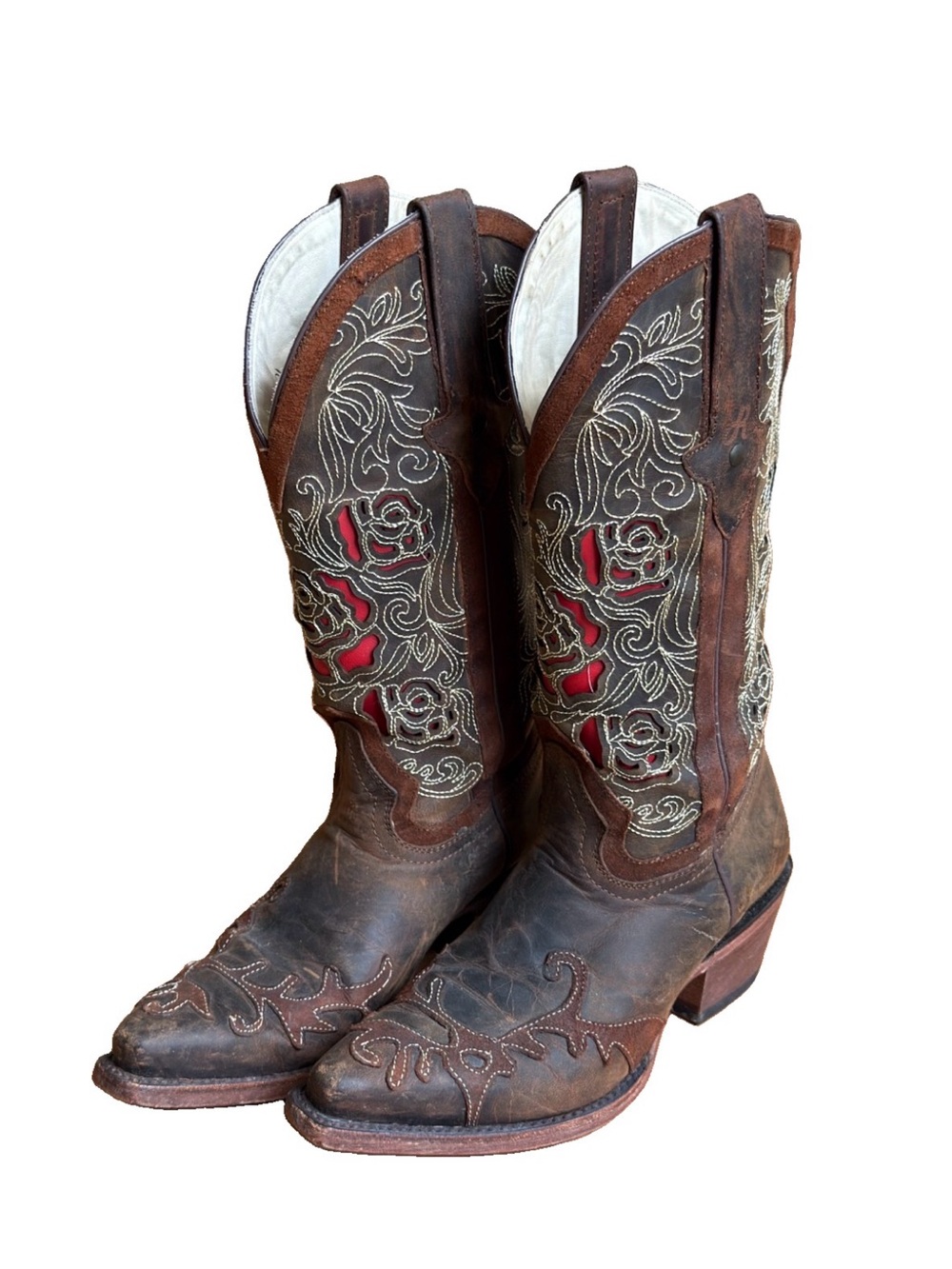 Dusty Rocker Brown Leather Cowgirl Boots Red Inlay Floral Embroidery Size 6